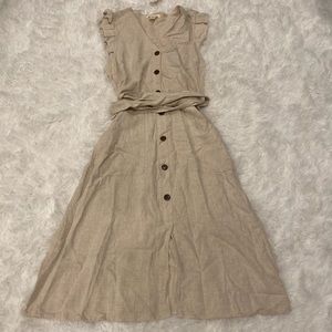 Tan Midi Dress with ruffled shoulder